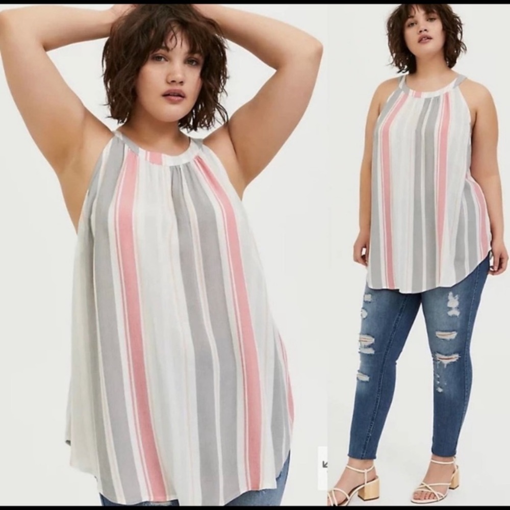 Torrid Multi Stripe Goddess Halter Tank Top High Neck Coral Gray Crepe Print